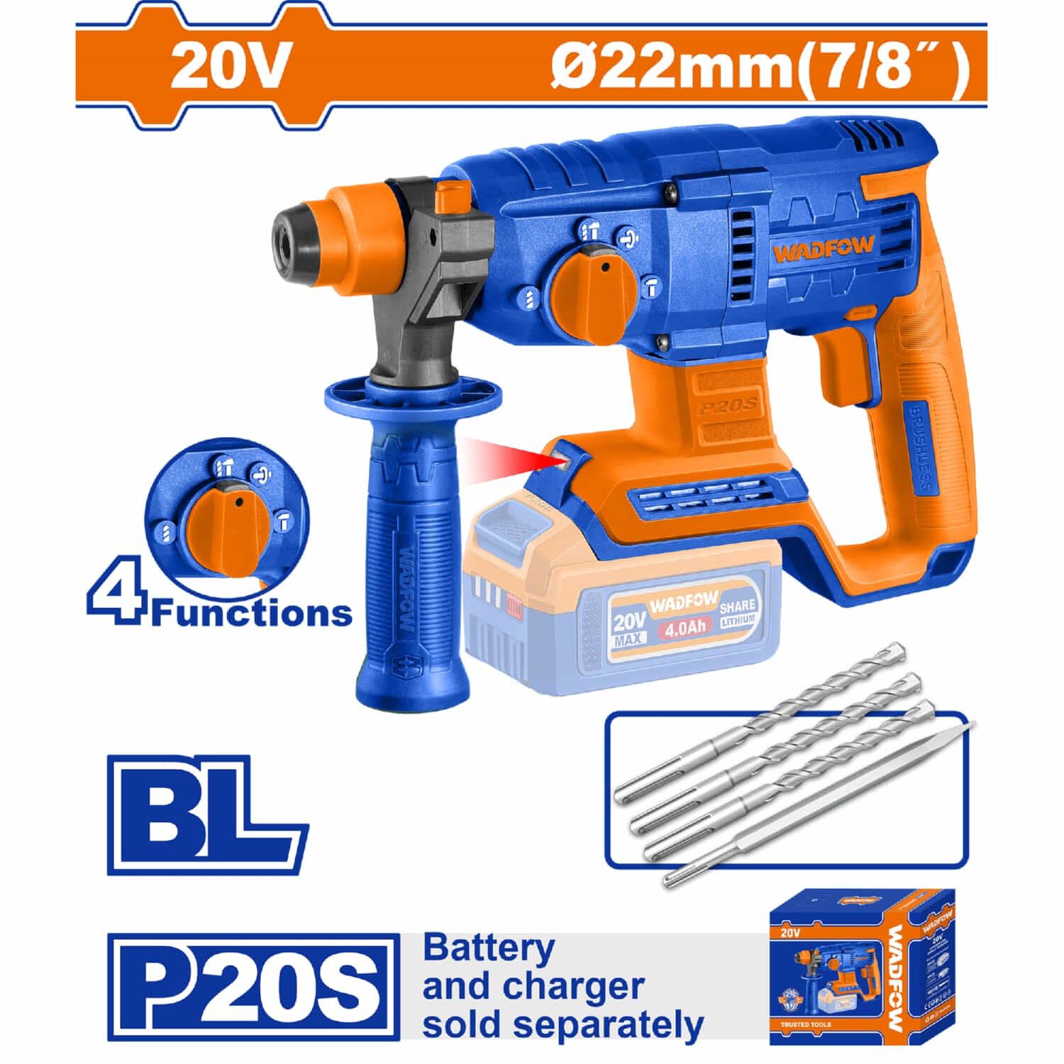 Taladro Rotomartillo 20V. Motor sin escobillas. Perfora concreto: 22mm. Batería y cargador por separado.