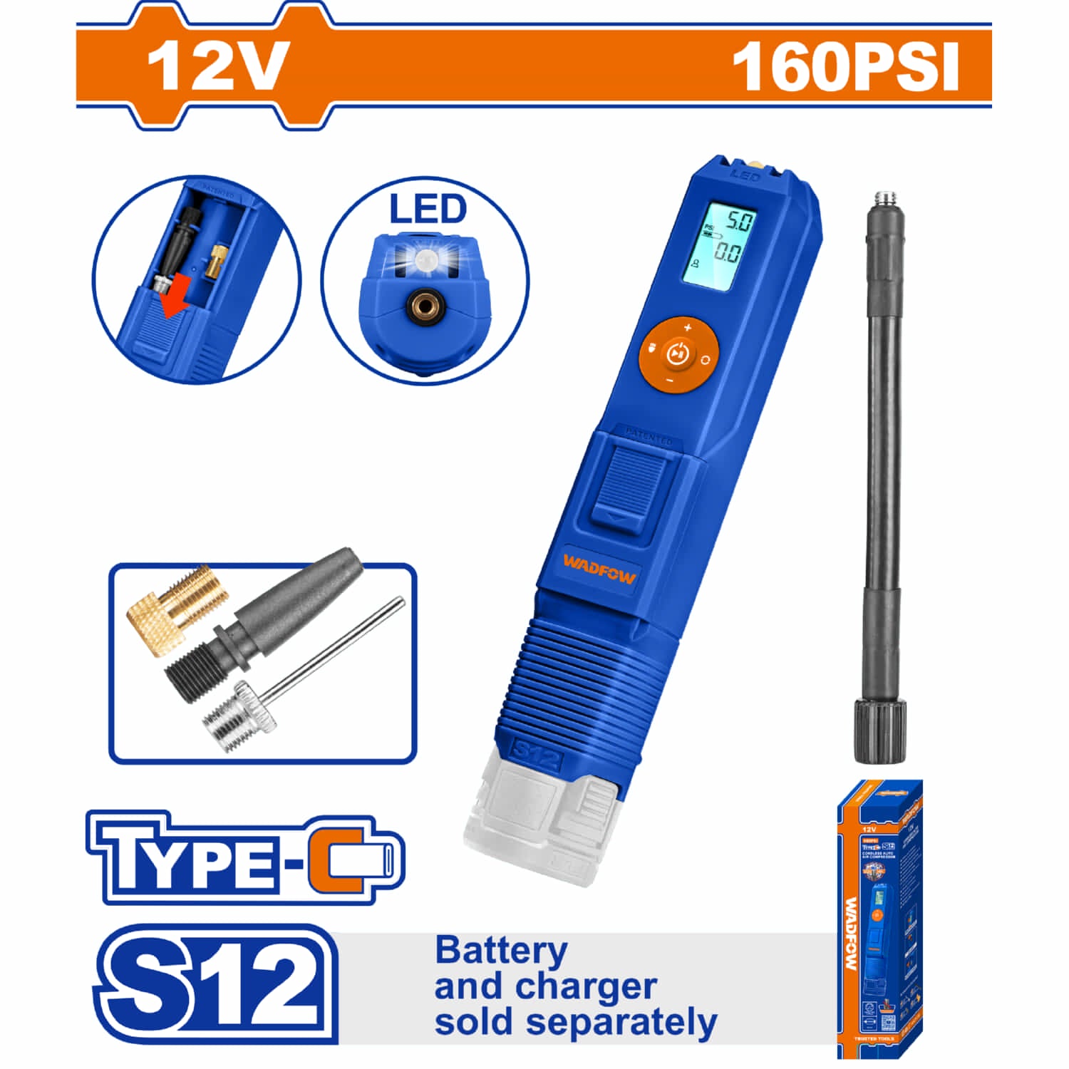 Compresor De Aire inalambrico 12V Presión max: 160 psi. Batería y cargador por separado.