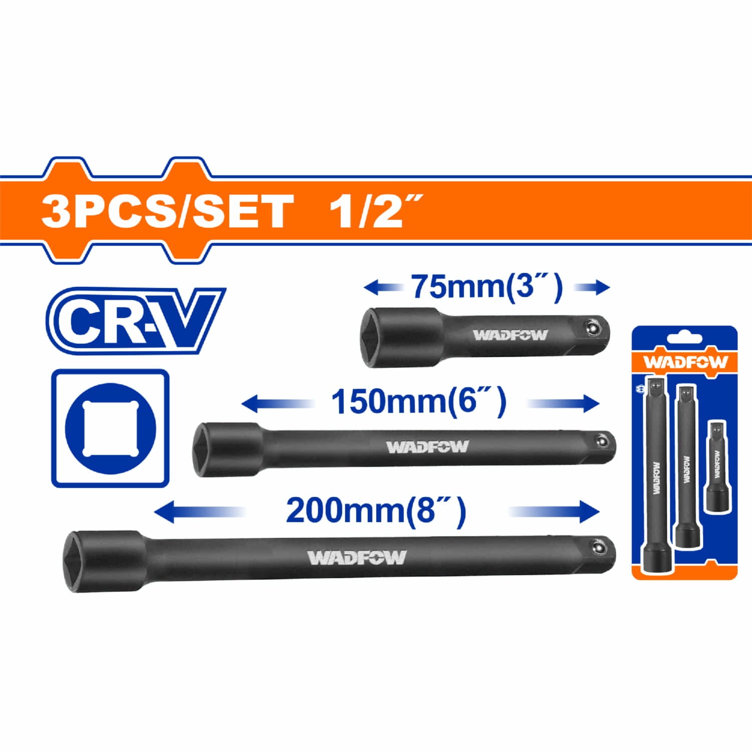 Barras de extensión de impacto de 1/2" Material: Cr-V Tratamiento térmico. Juego de 3 piezas.