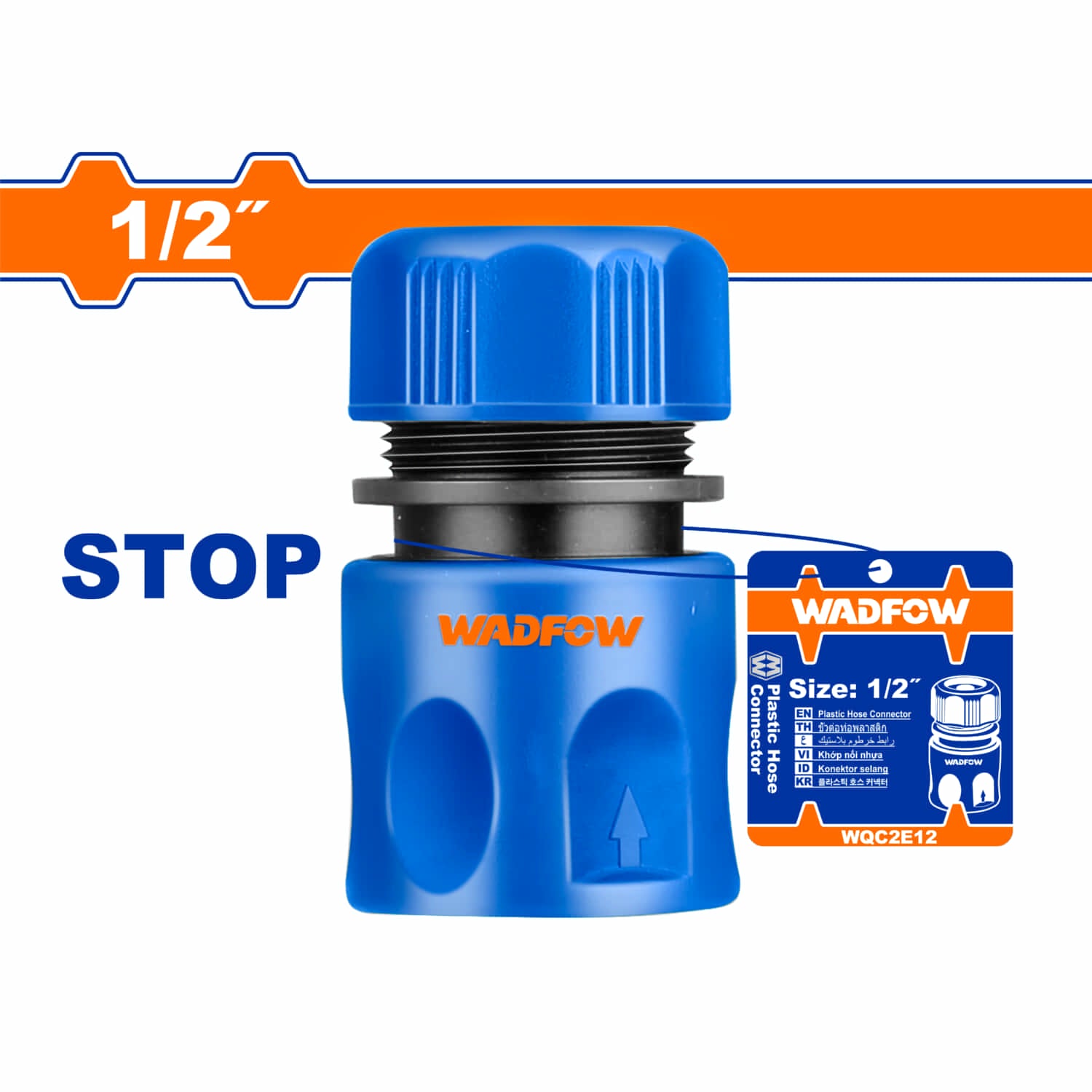 Conector de manguera de plástico con adaptador de 1/2" y función para detener el agua.