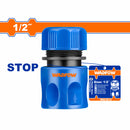 Conector de manguera de plástico con adaptador de 1/2" y función para detener el agua.