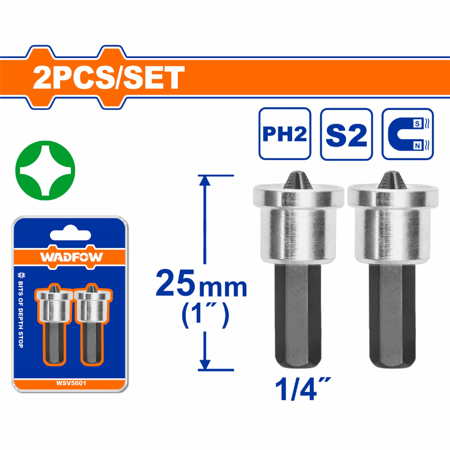 Puntas De Destornillador PH2 1/4" X25mm Con Limitador Acero S2 Set de 2 Piezas. Punta Con Tope.