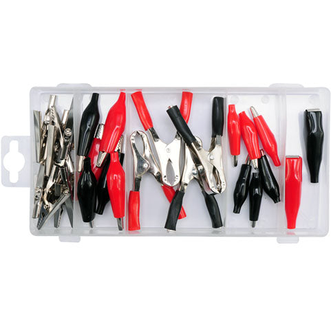 Clips Eléctricos. Pinzas de cocodrilo eléctricas. Tamaños surtidos. Aisladas y no aisladas. Set de 28 piezas.