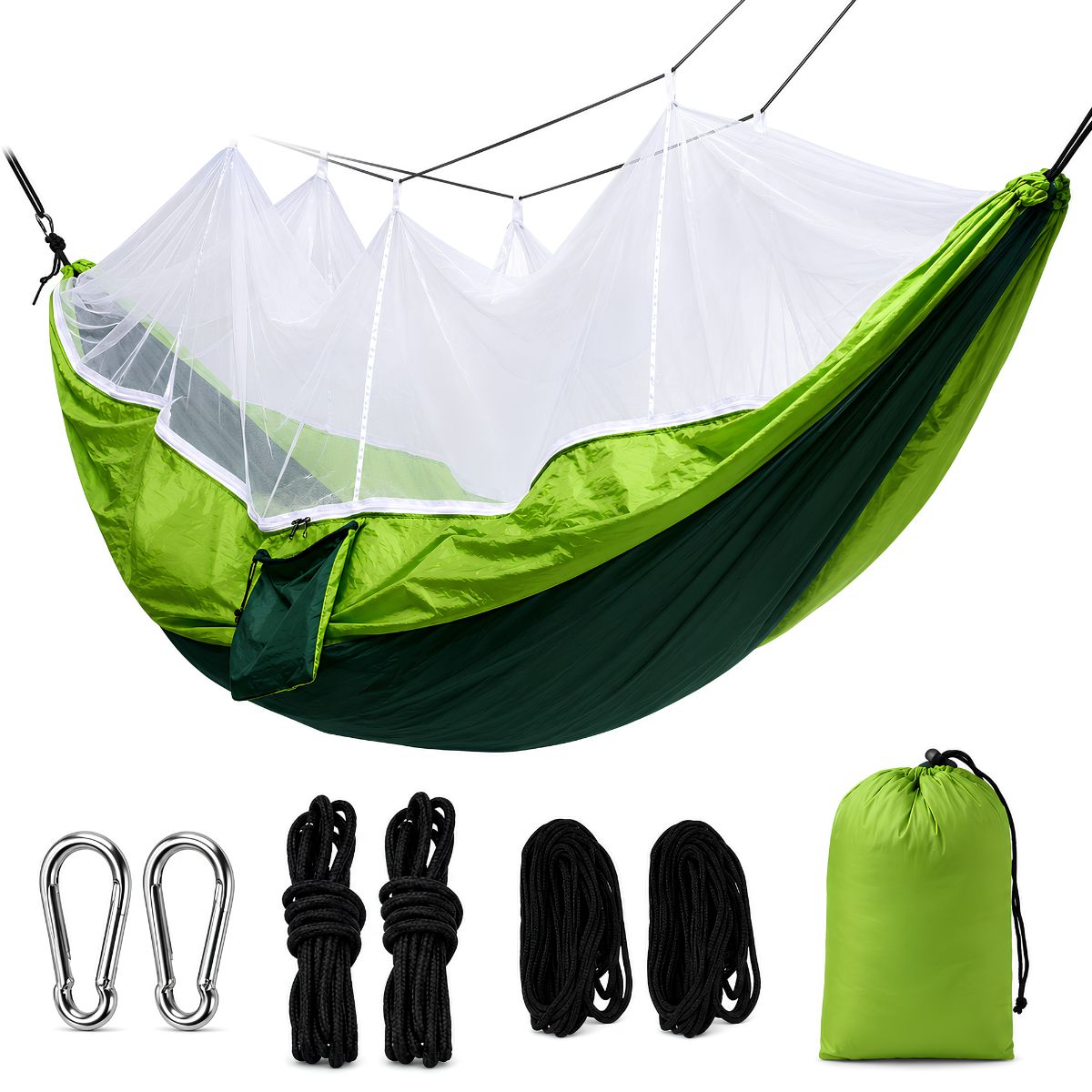 Hamaca Camping con Mosquitero Integrado 260x140cm. Hamaca Colgante Portátil de Nylon 210T con Bolsa, Cuerdas y Mosquetones.