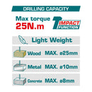 Drill Taladro Inalámbrico 3/8" 12V Impacto 0.8-10mm 25Nm 22500bpm Con batería y cargador.