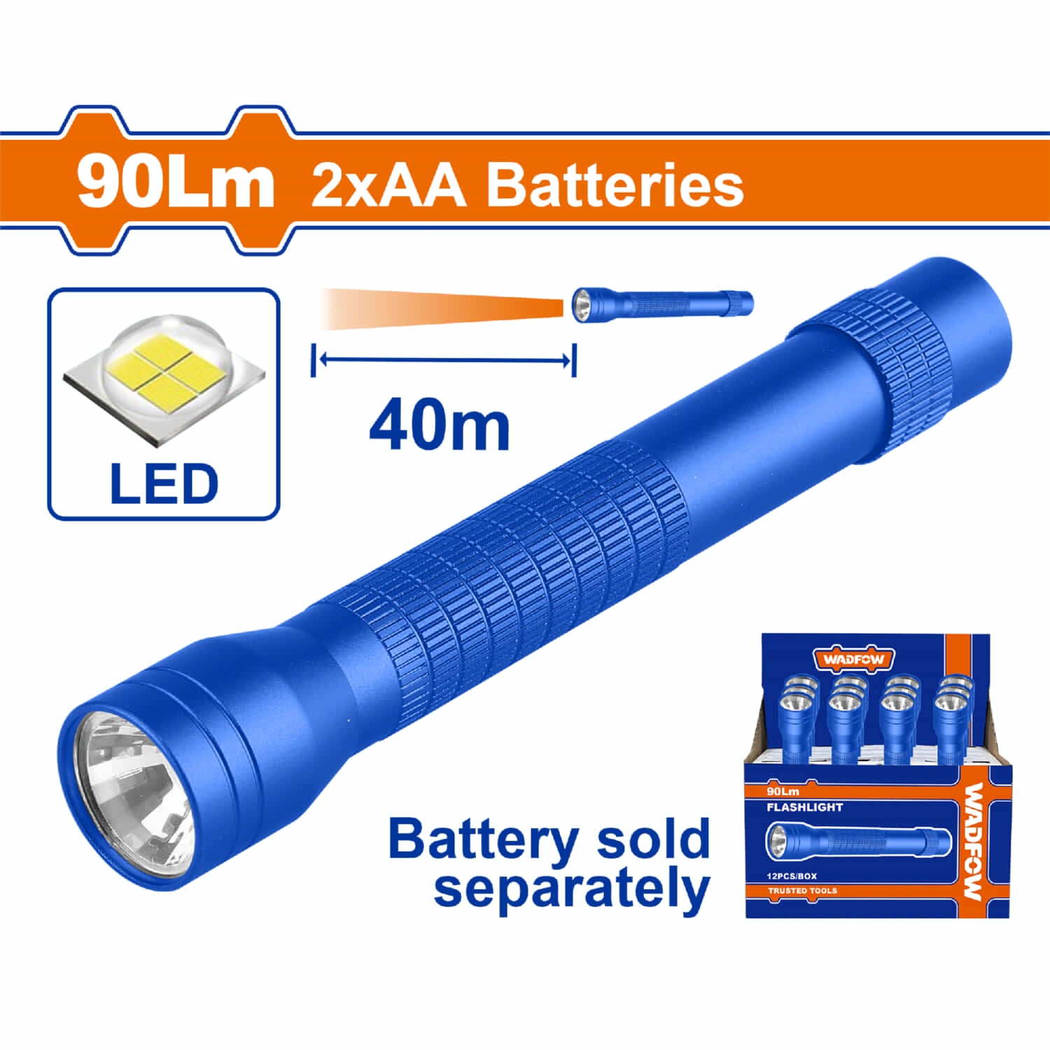 Linterna de mano. 90Lm. Interruptor de luz. Usa 2 pilas alcalinas AA. Peso 36g. D:23.5mm/146mm.