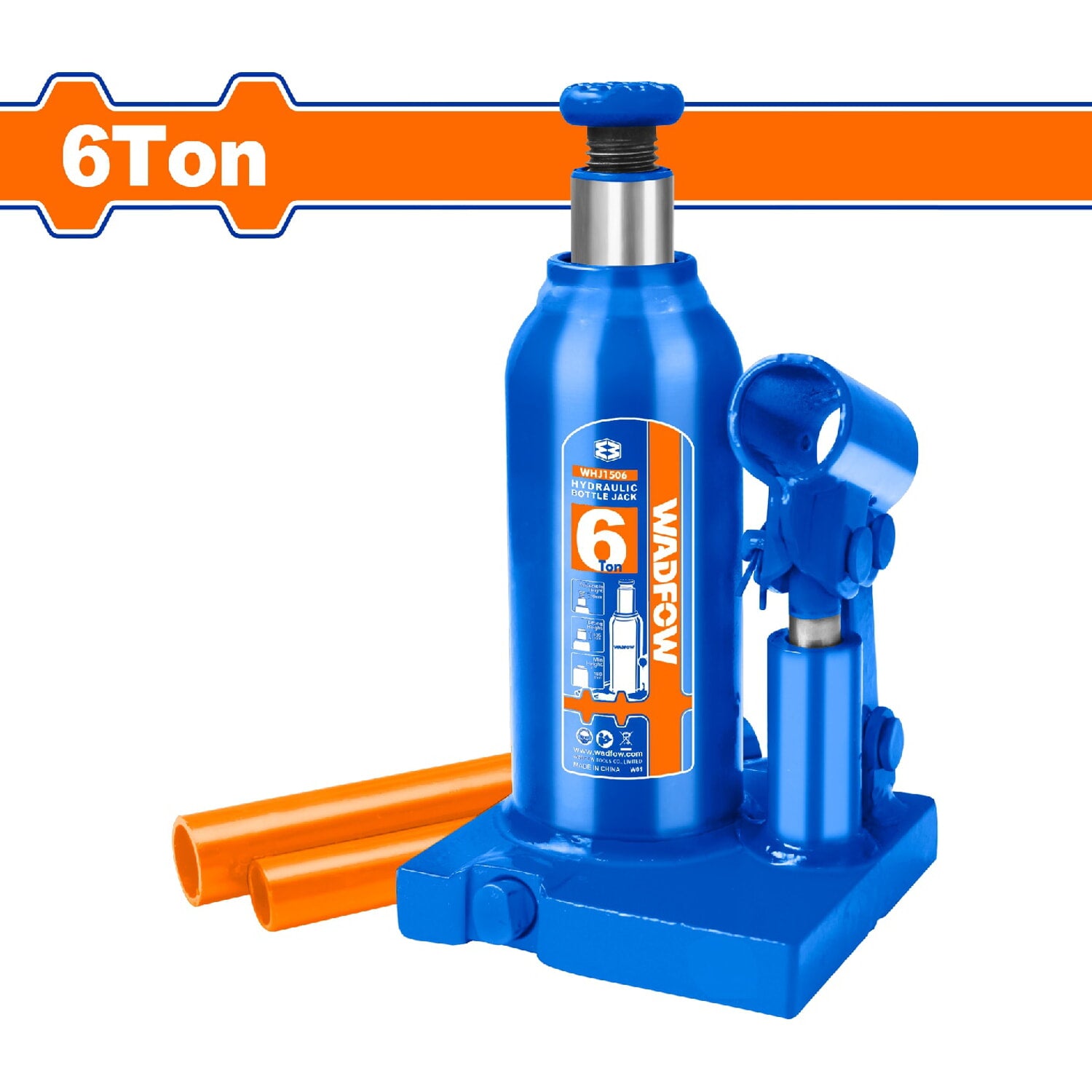 Gato Hidráulico Botella de 6 Ton. Alt. mínima:185mm. Alt. Elevación: 115mm. Alt. Ajustable: 60mm.