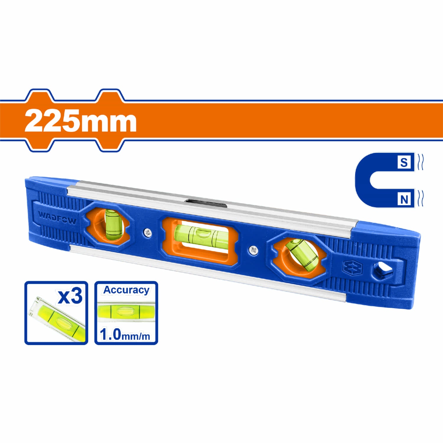 Mini Nivel de Burbuja de 225mm. 3 cápsulas de burbuja. Magnético. Aluminio y Plástico.