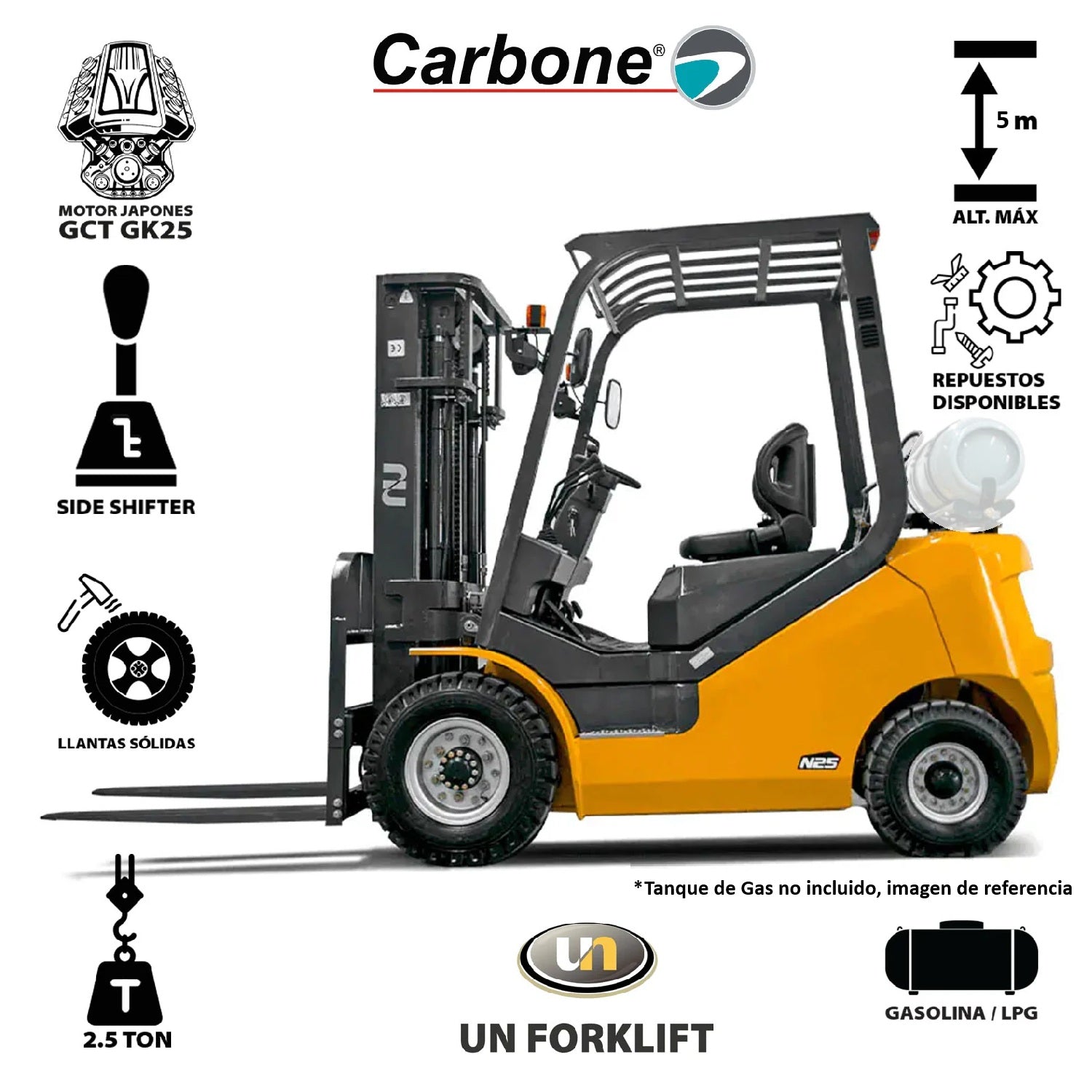 Montacargas Gasolina 2.5 Toneladas Torre de 5 mts de altura. Llantas sólidas y Side Shifter UN FORKLIFT