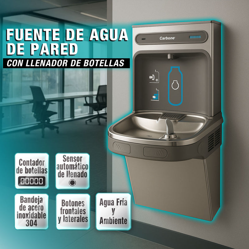 Fuente de agua de pared con llenador de botella. Bebedero