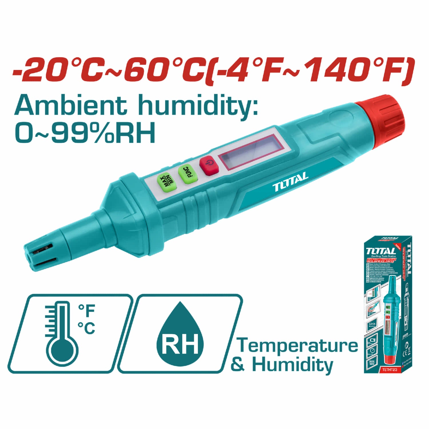 Medidor de humedad y termómetro digital con pantalla LCD.