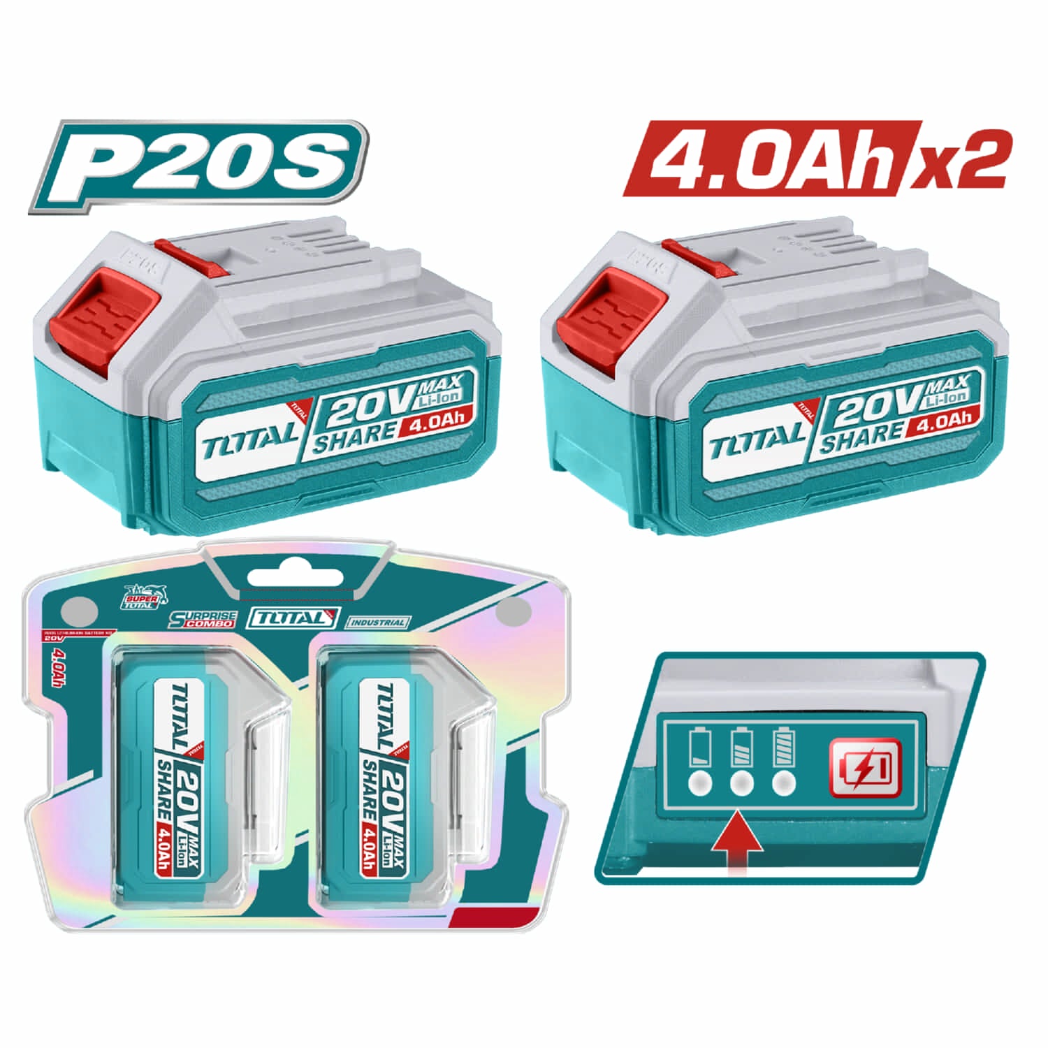 Baterías Inalámbricas 20V 4.0Ah Indicador LED Se vende en Set de 2 baterias