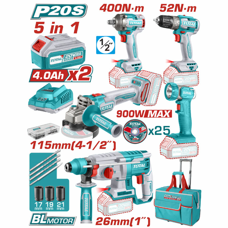 Combo Total Kit Llave de Impacto 20V 1/2" 400 Nm, Taladro 20V 3/8" 52 Nm Motor Sin Escobillas, Rotomartillo 2.5J 26mm.  Amoladora 4-1/2” y Lámpara 5W. Incluye Batería Y Cargador. Pocas Unidades.