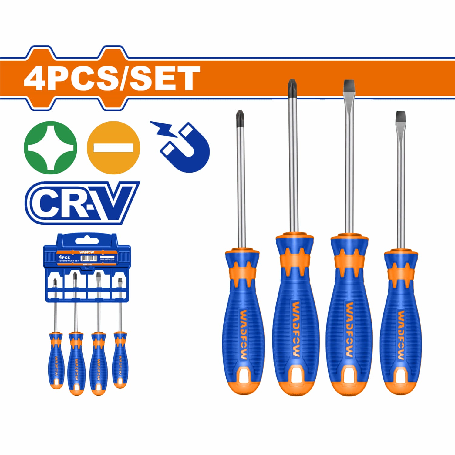 Destornilladores Punta Plana (SL5.5,SL6.5) y Punta Estrella(PH1,PH2). CR-V. Magnético. (Set 4 pzs)