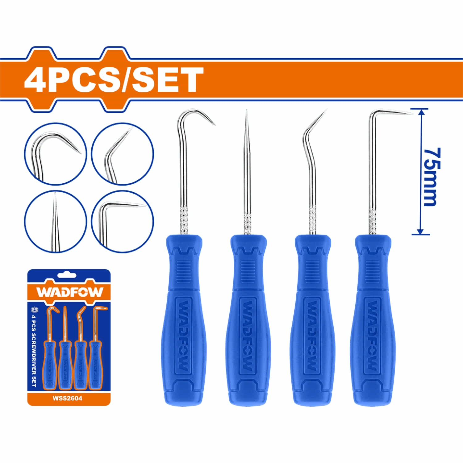 Picos y Ganchos con mango ergonómico. Acero al carbono. 1 gancho completo(Incluye 4 piezas)