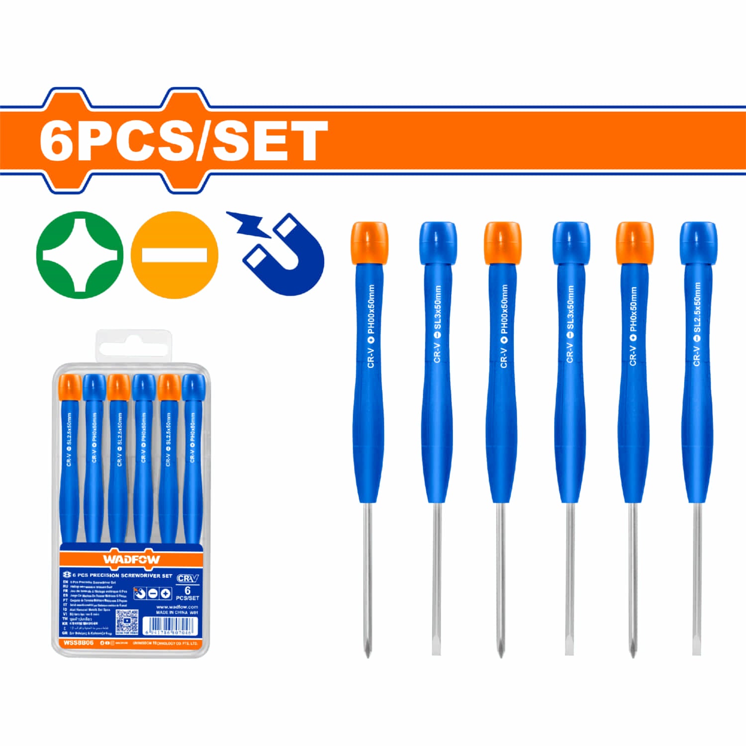 Destornilladores de precisión. Cr-V. Magnético. Punta plana y Punta estrella. Incluye 6 piezas.
