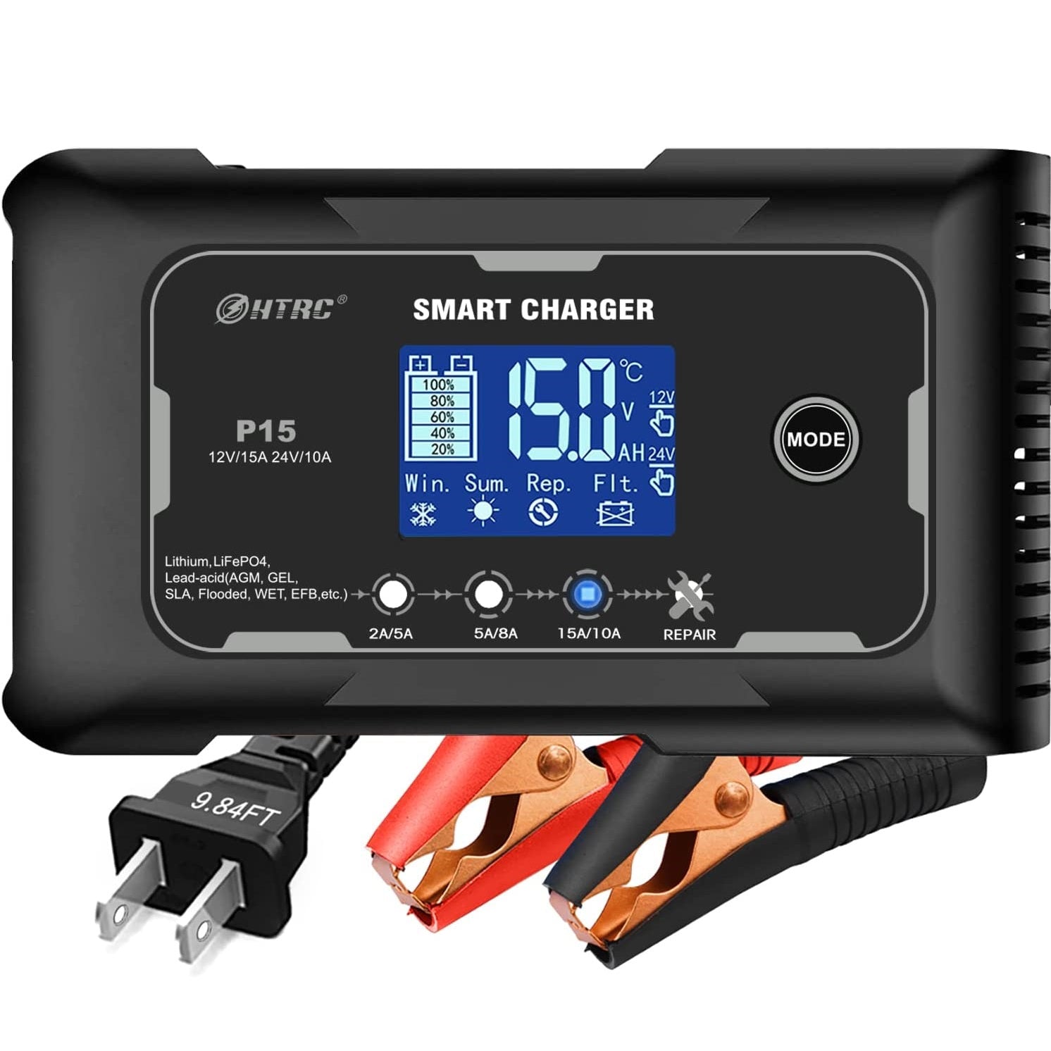 Cargador de batería inteligente de 15 amperios, de 12 V y 24V12 V/15 A