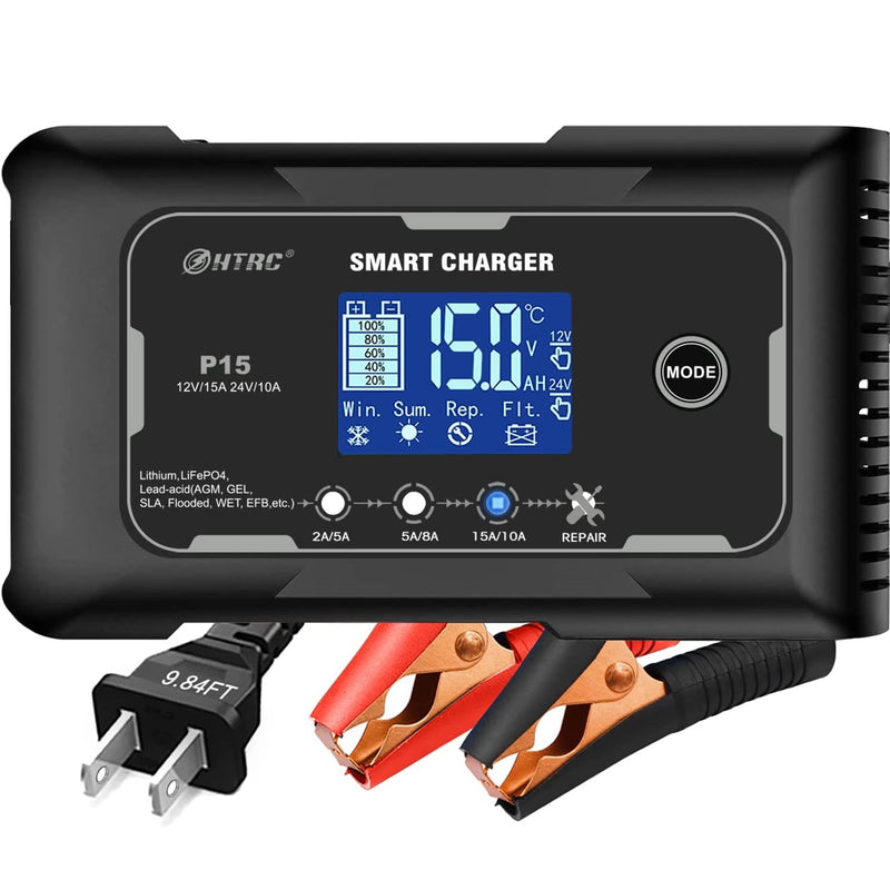 Cargador de batería inteligente de 15 amperios, de 12 V y 24V12 V/15 A