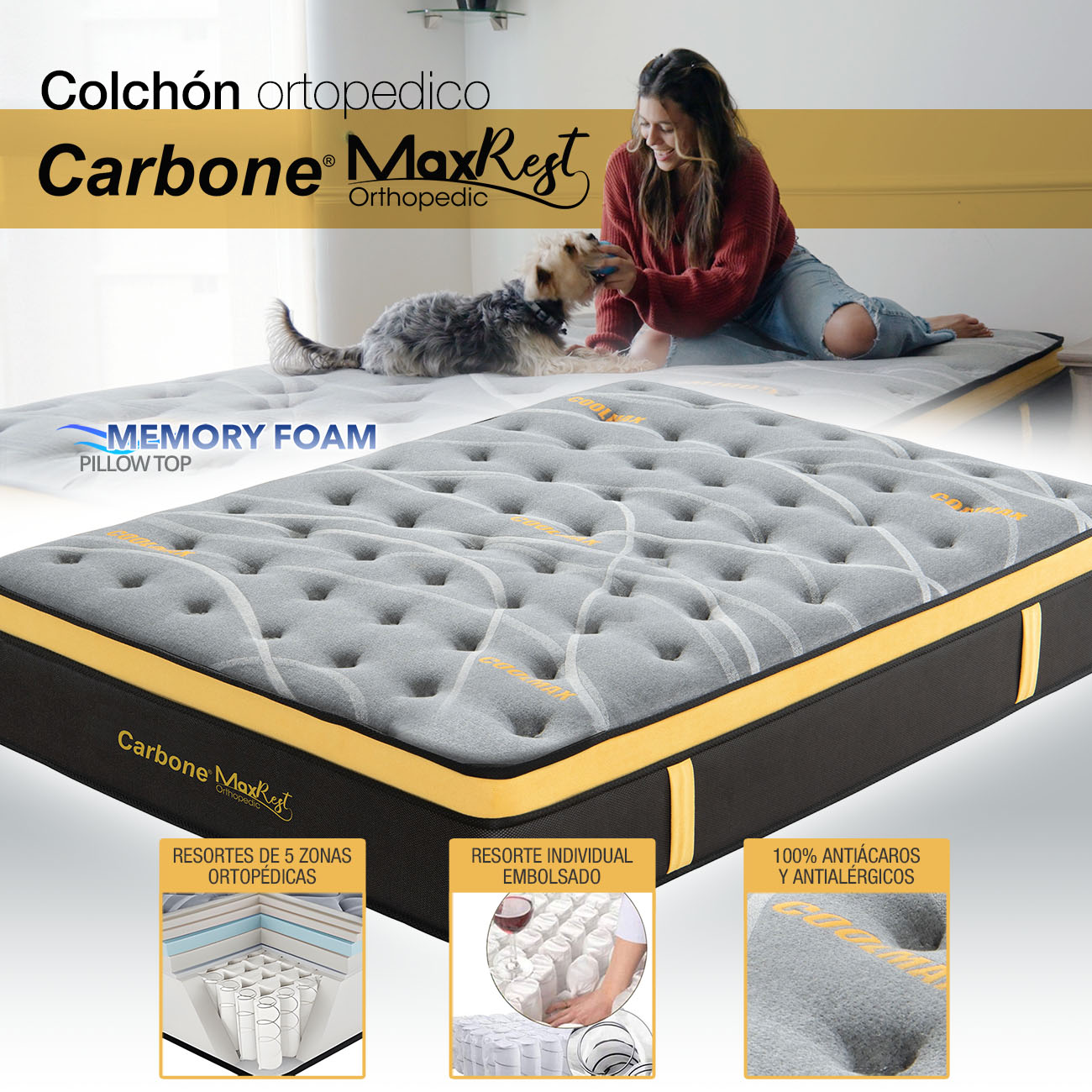 Colchones Ortopédicos Firmeza 6 Empacados al Vacío Pillow Top Colchón Calidad Hotelera Memory Foam con resortes 30cm espesor (12") Max rest