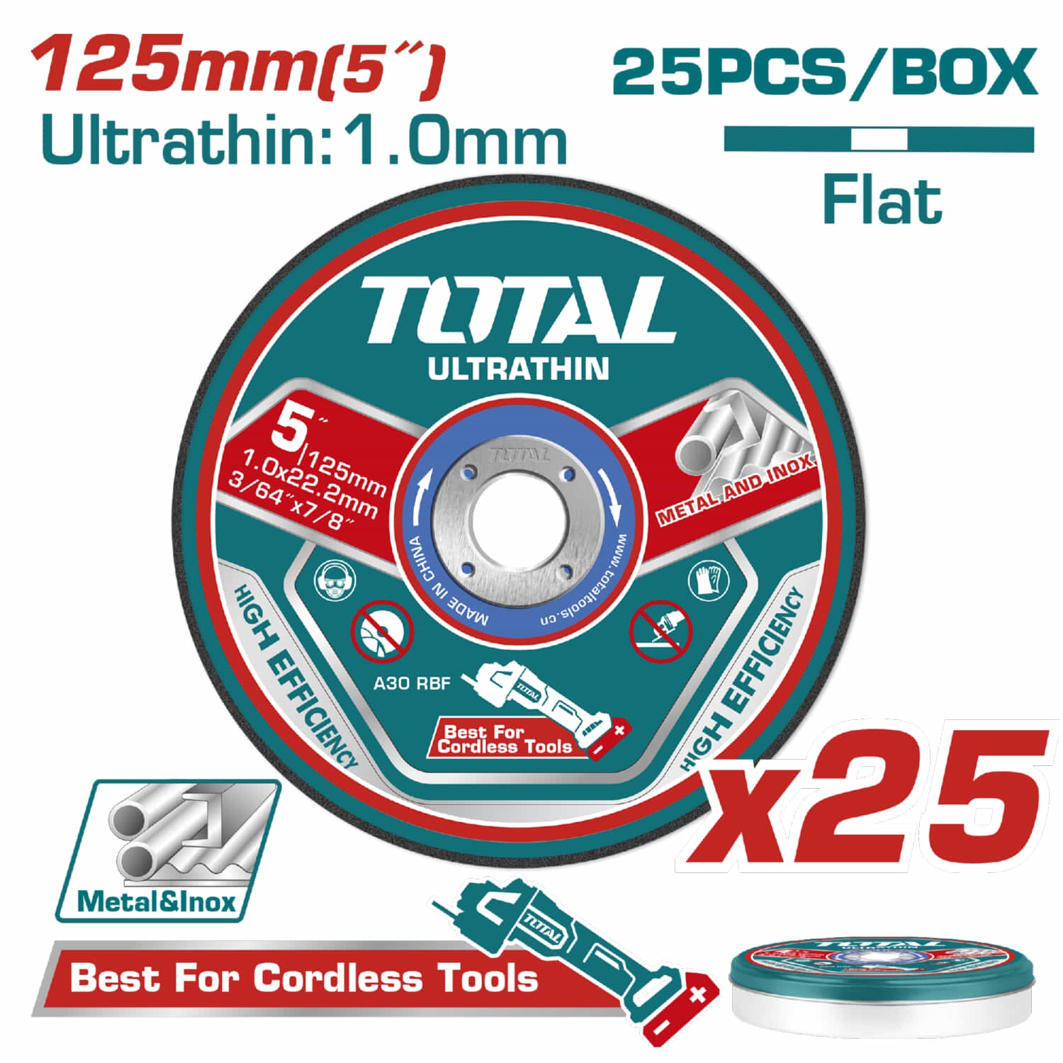 Discos de corte de metal ultrafino 5" x 3/64" x 7/8" con Centro Plano. Set 25 piezas.