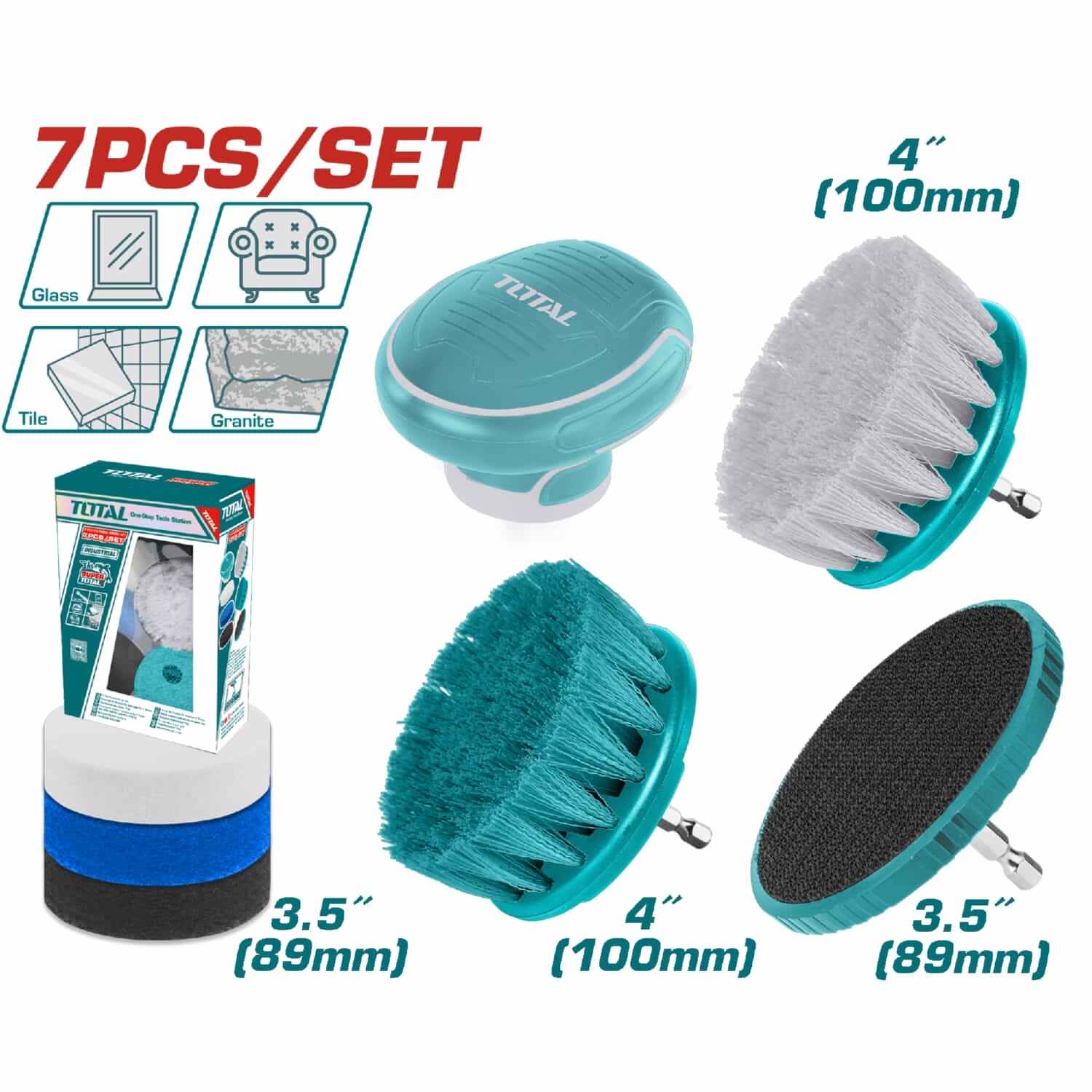 Cepillos para drill limpieza con accesorios. Incluye: Cepillos, almohadillas y soporte. Set de 7 piezas.