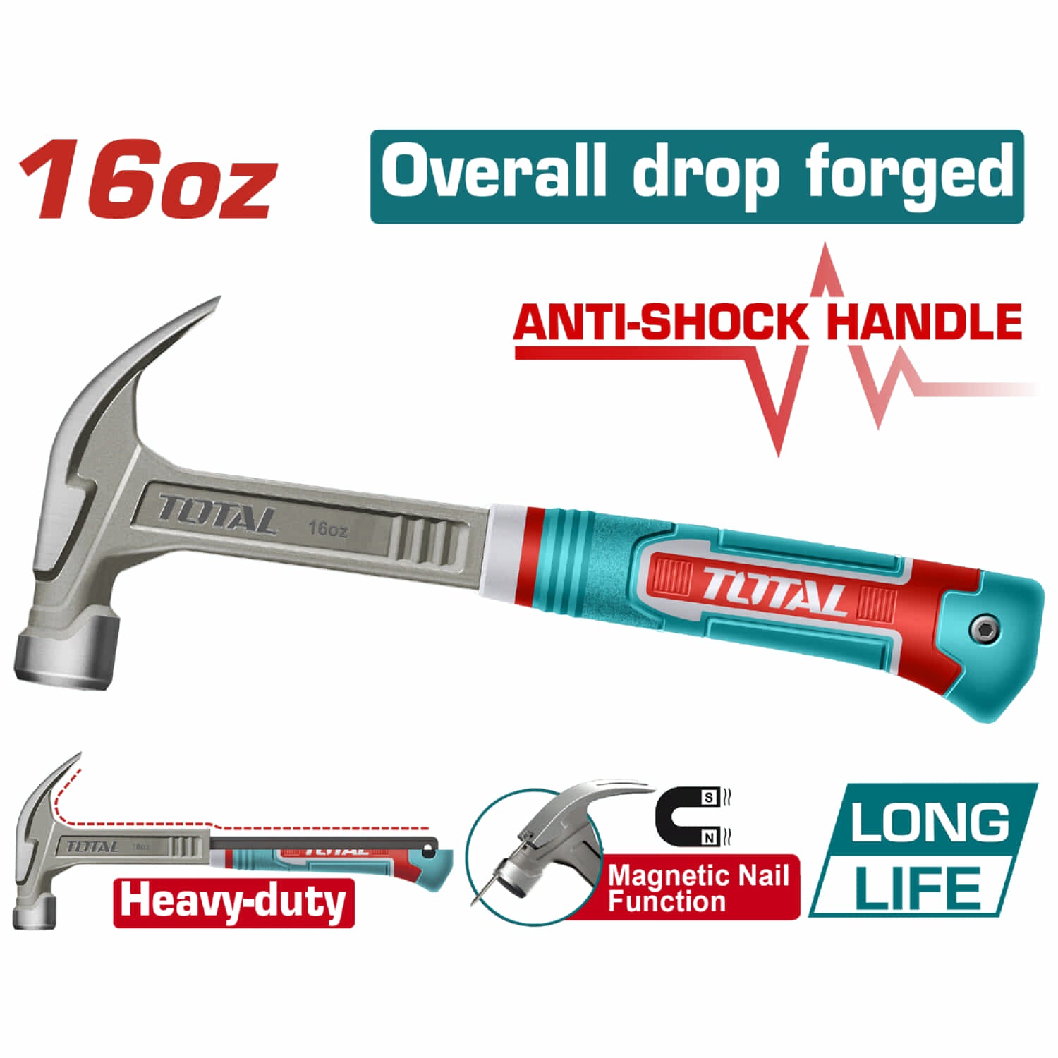 Martillo de Oreja Forjado 16oz Magnético. Acero al carbono #45 Mango Fuerte.