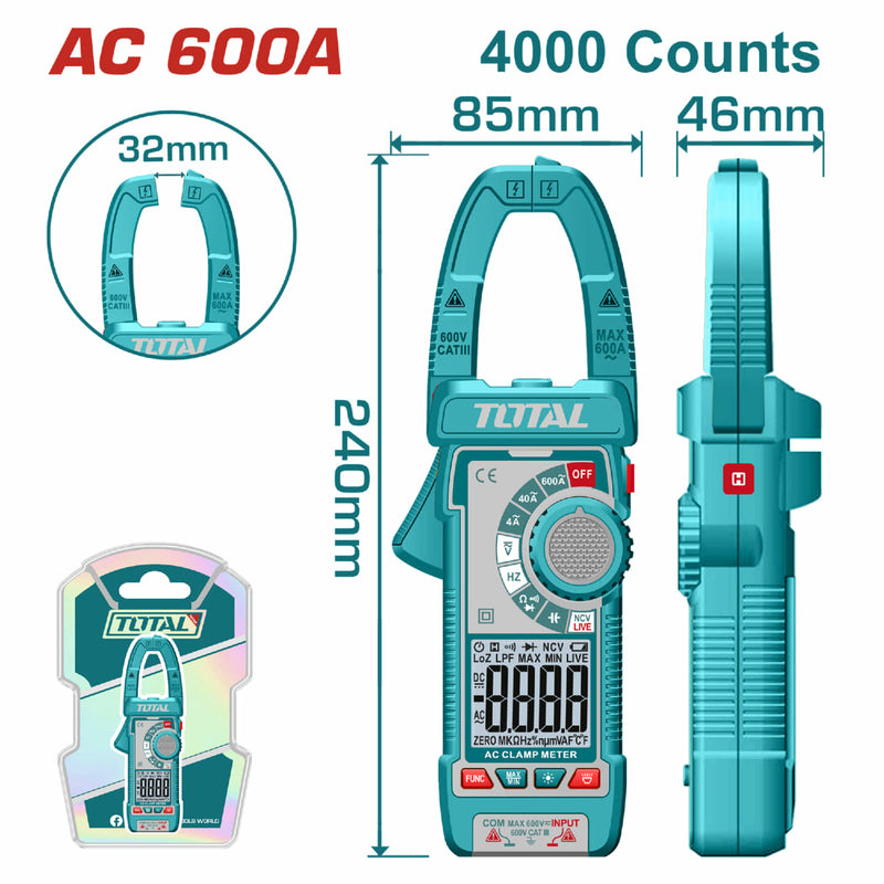 Medidor De Abrazadera Pinza Amperimétrica 4000 Cuentas. AC 600A. Con Retención De Datos. Resistencia 400Ω.