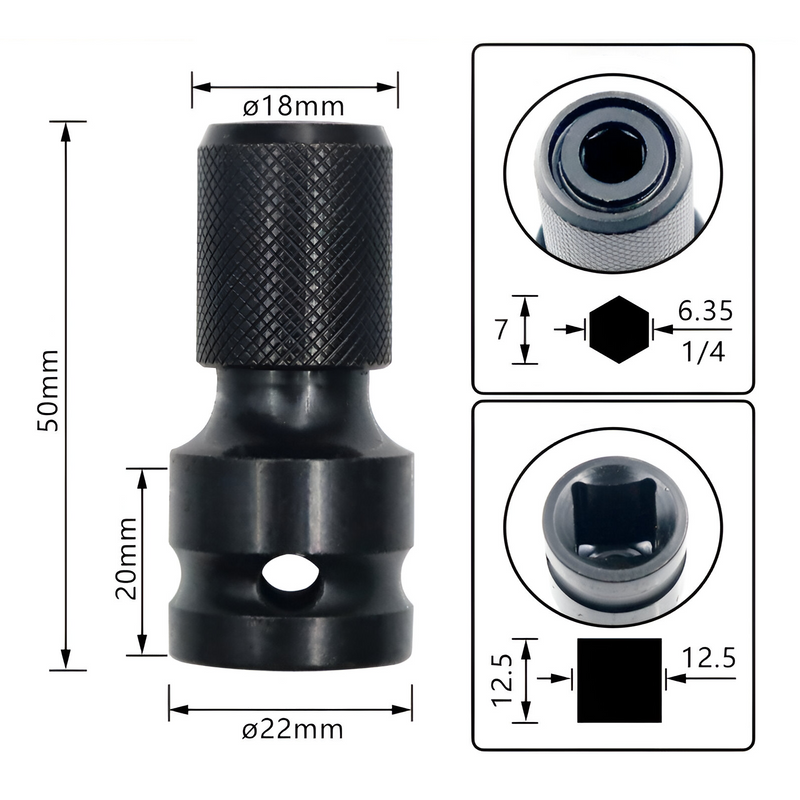 Adaptador de llave hexagonal de ½” a ¼”, color negro