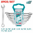 Llaves combinadas Tamaño 1/4"-3/4". Pulidas. Se vende en set de 8 piezas.