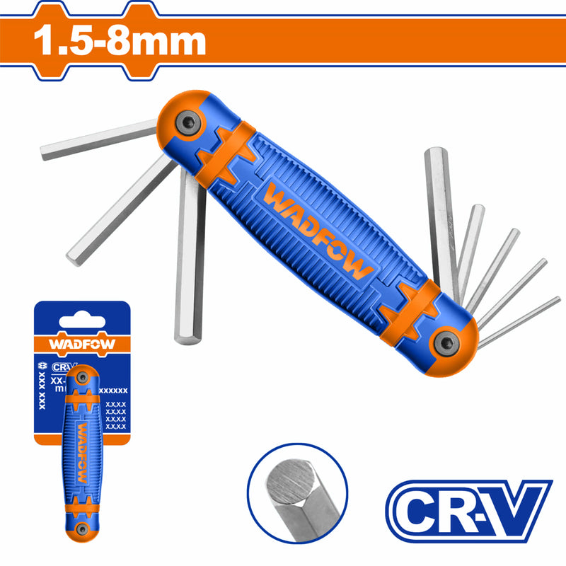 Llave Allen estilo navaja de bolsillo 1.5-8mm. Tratamiento térmico y placa cromada. Cr-V(8 pzas.)