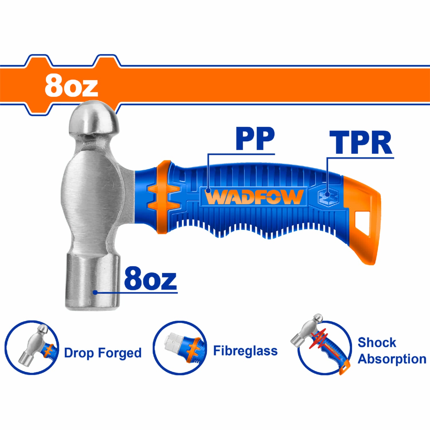 Martillo de Bola 8oz/220g. Tratamiento térmico. Acero al carbono #45. Cabeza forjada.