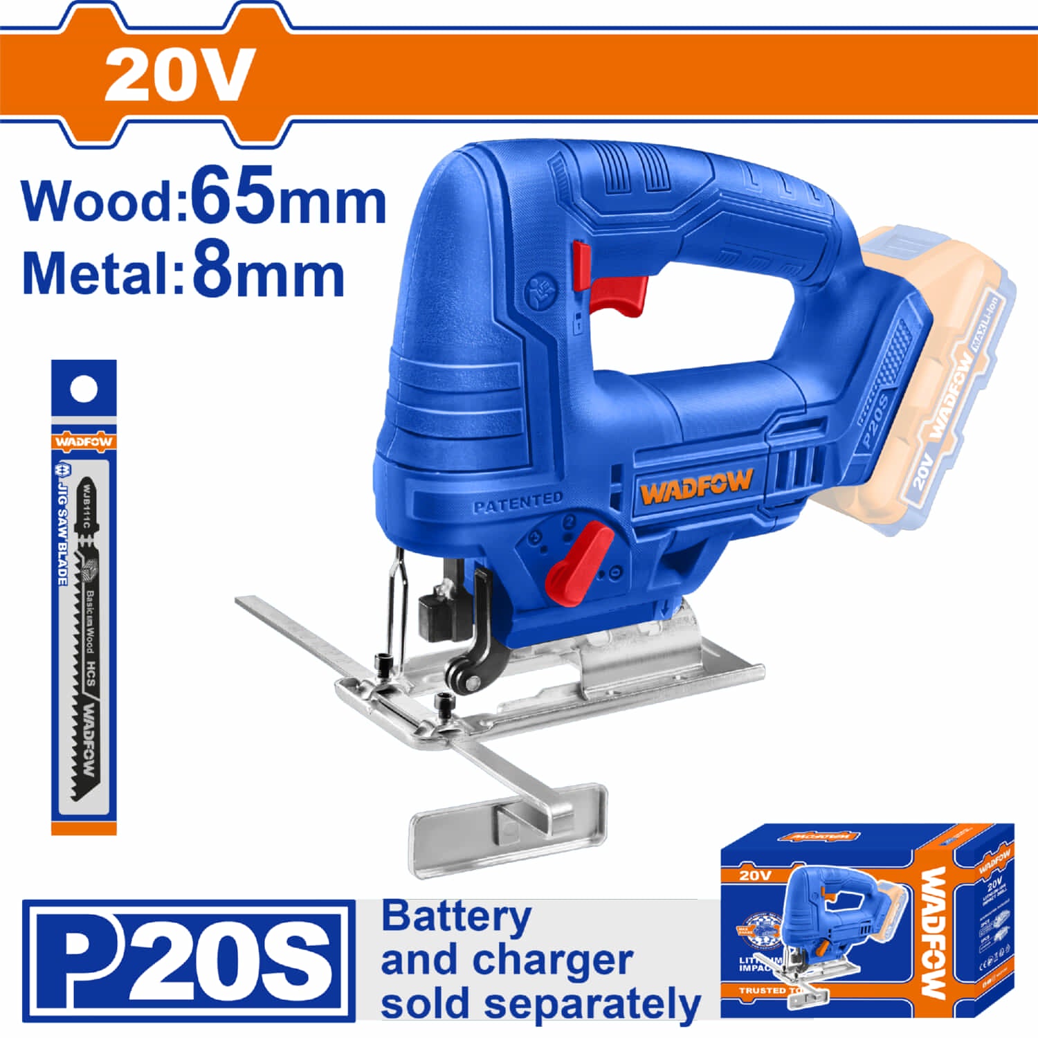 Sierra Caladora Inalámbrica 20V. Incluye cuchilla. No incluye batería ni cargador.