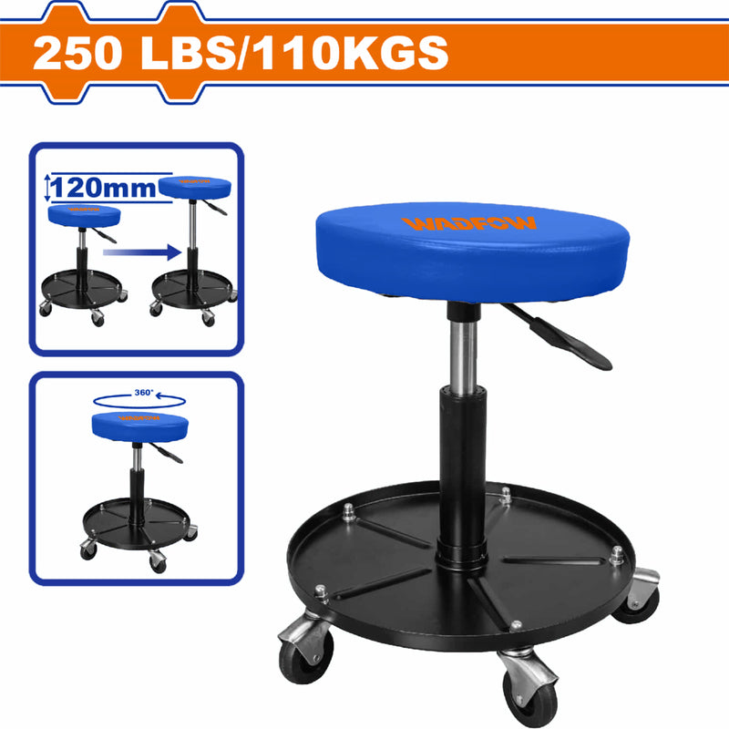 Silla para mecánico con ruedas. Soporta 250 lbs /110kg. Elevación neumática. Banco giratorio.