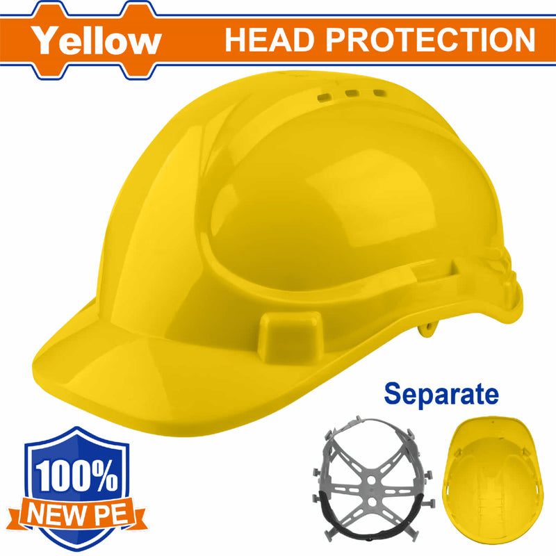 Casco de seguridad color amarillo. 6 puntos de suspension. Ajustable. Carcasa de PE Incluye correa.