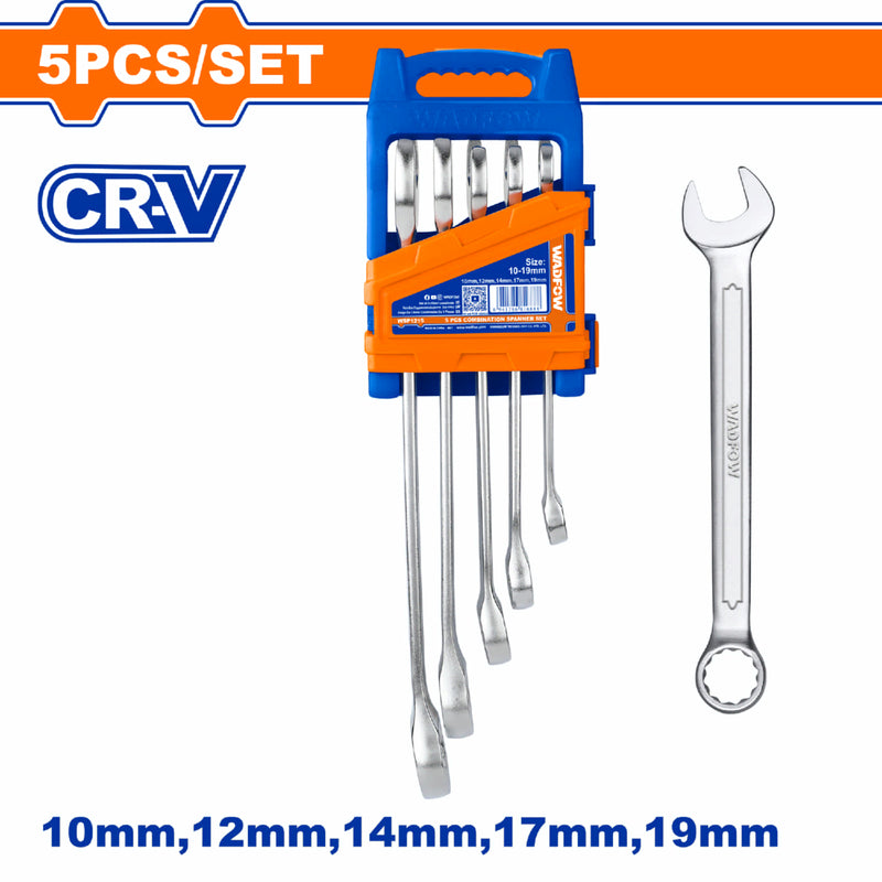 Llaves de Combinación 10-19mm. Pulidas. Medidas: 10mm, 12mm,14mm, 17mm, 19mm. Set 5 piezas.