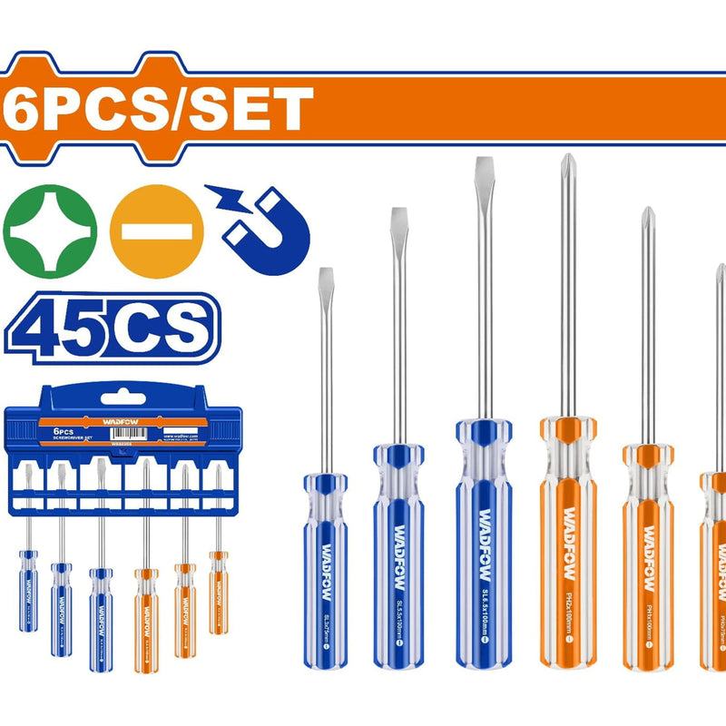 Destornilladores Plano y Phillips 45CS. Acero al carbono. Mango redondo. (6 piezas). Magnético.