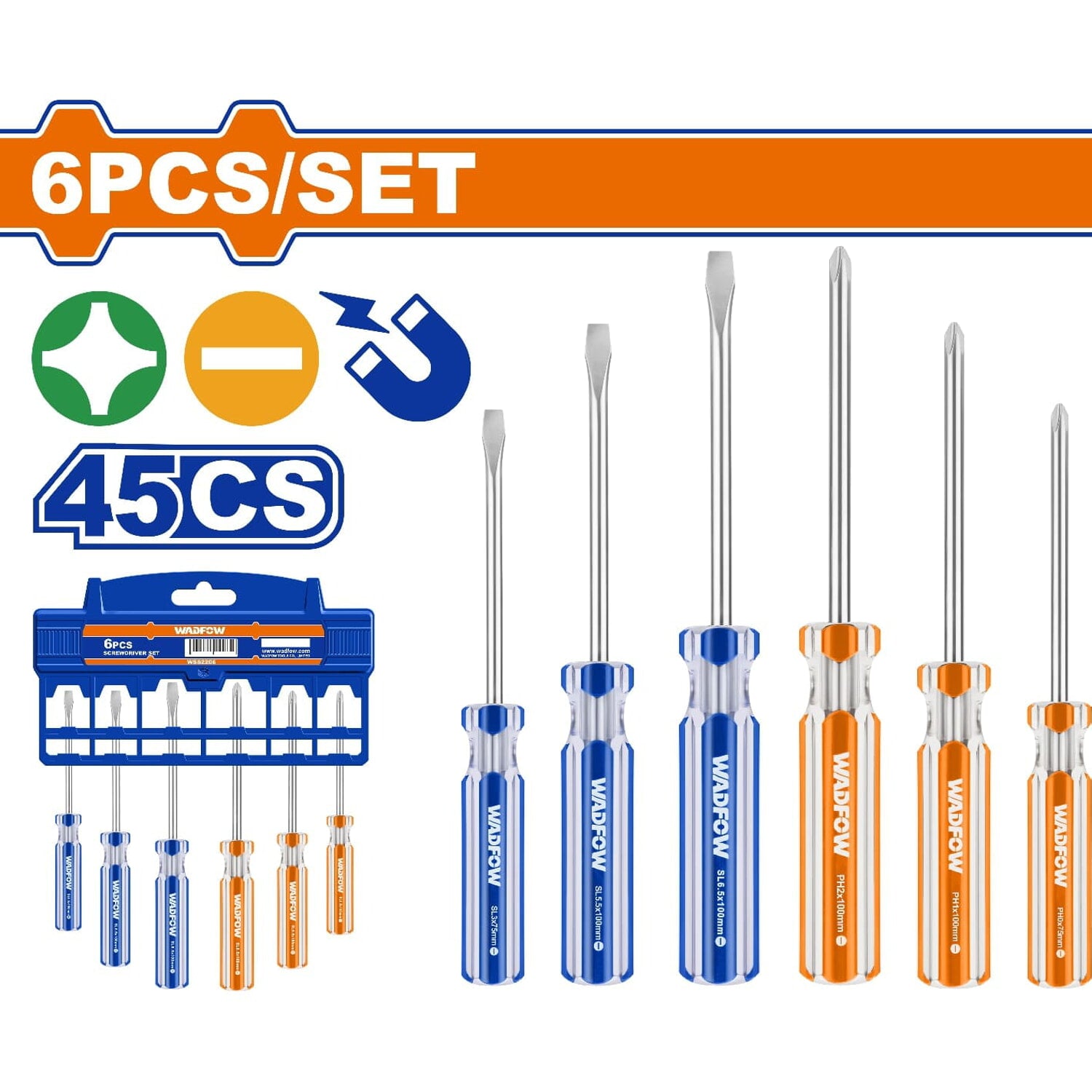 Destornilladores Plano y Phillips 45CS. Acero al carbono. Mango redondo. (6 piezas). Magnético.