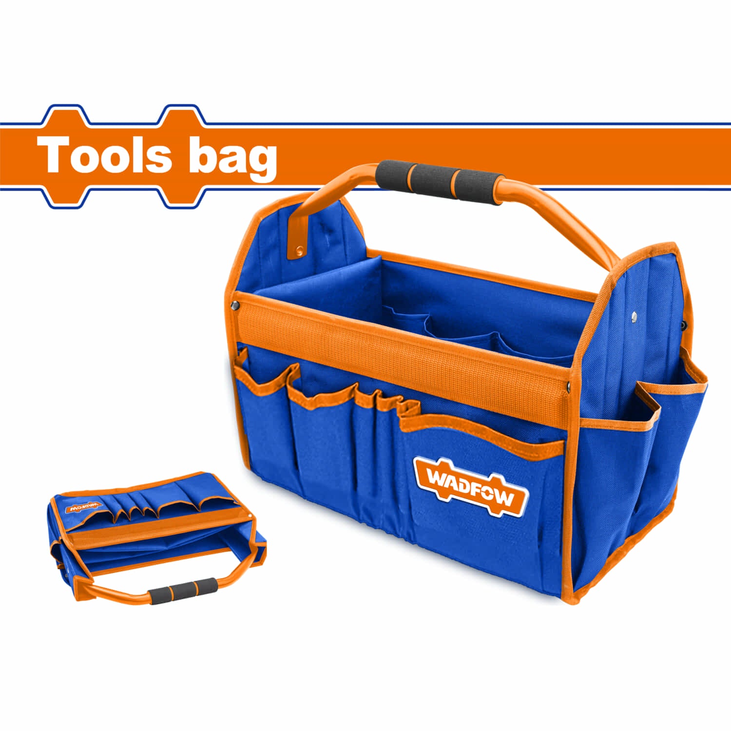 Bolso caja de herramientas de 16" Carga máxima: 12Kg. Mango acolchado. Construcción plegable.