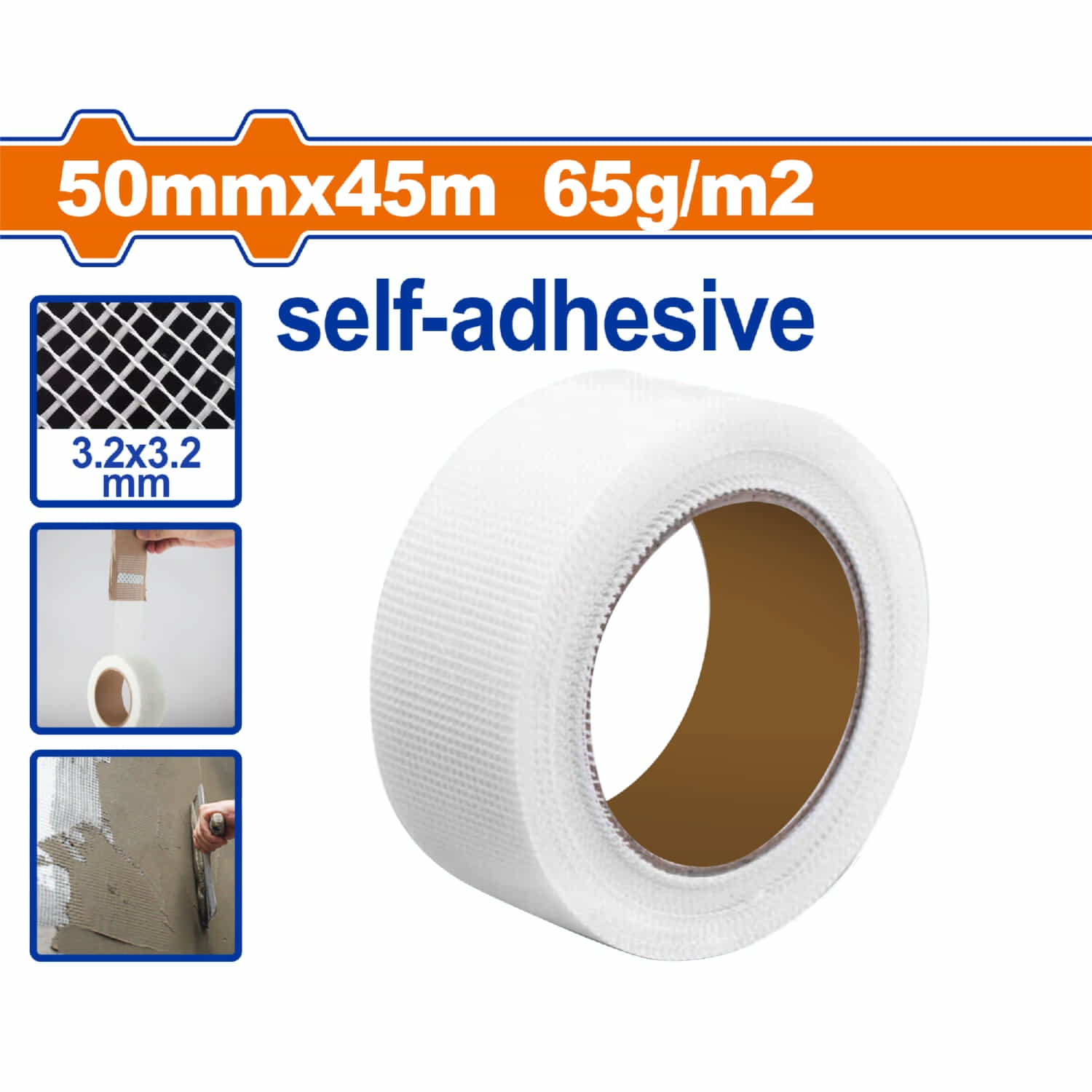 Cinta autoadhesiva malla de fibra de vidrio para trabajos de gypsum y juntas de adhesión. 50mmx45m 65g/m2