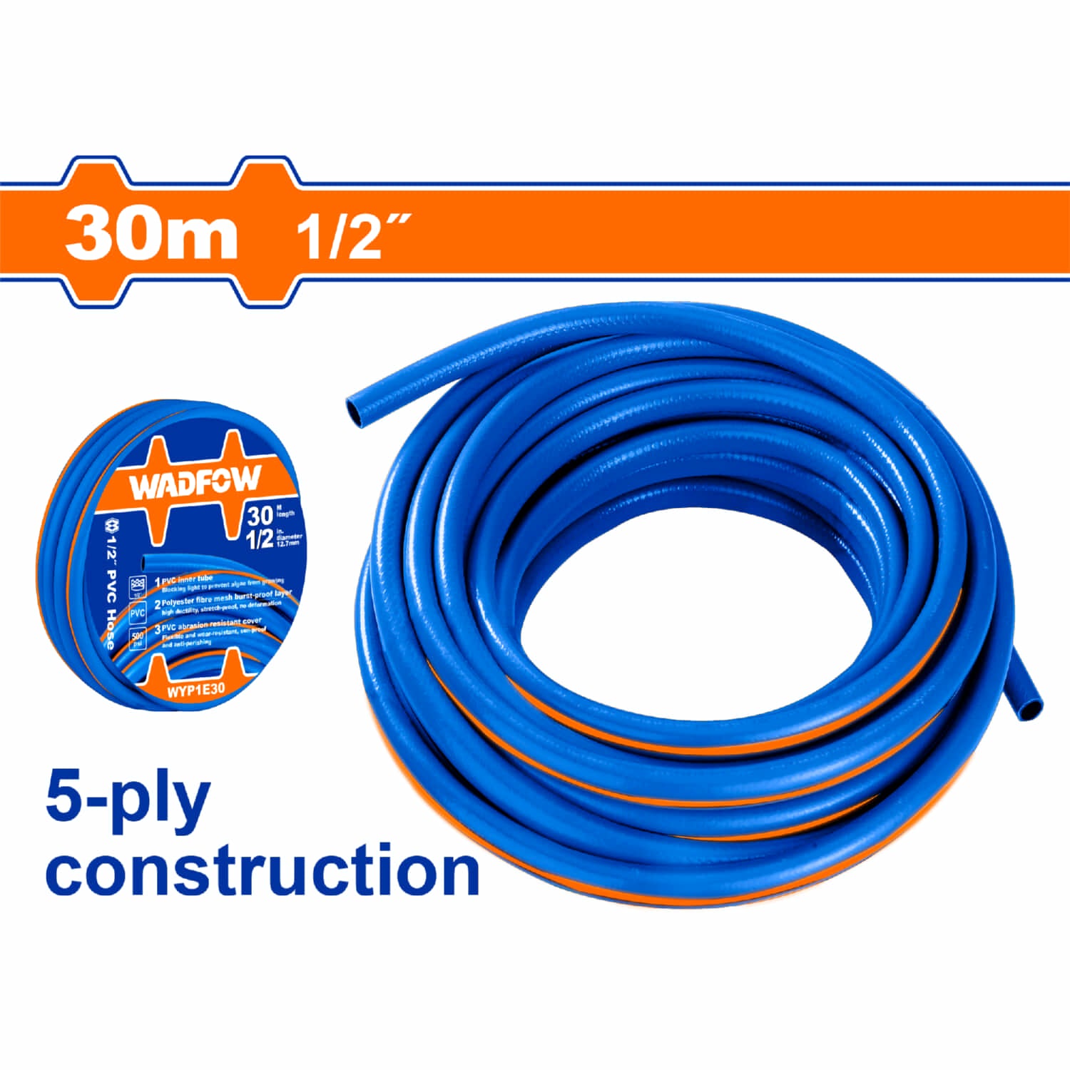 Manguera de PVC de 1/2" 30mx1/2" Construcción de 5 capas espesor: 1.7mm