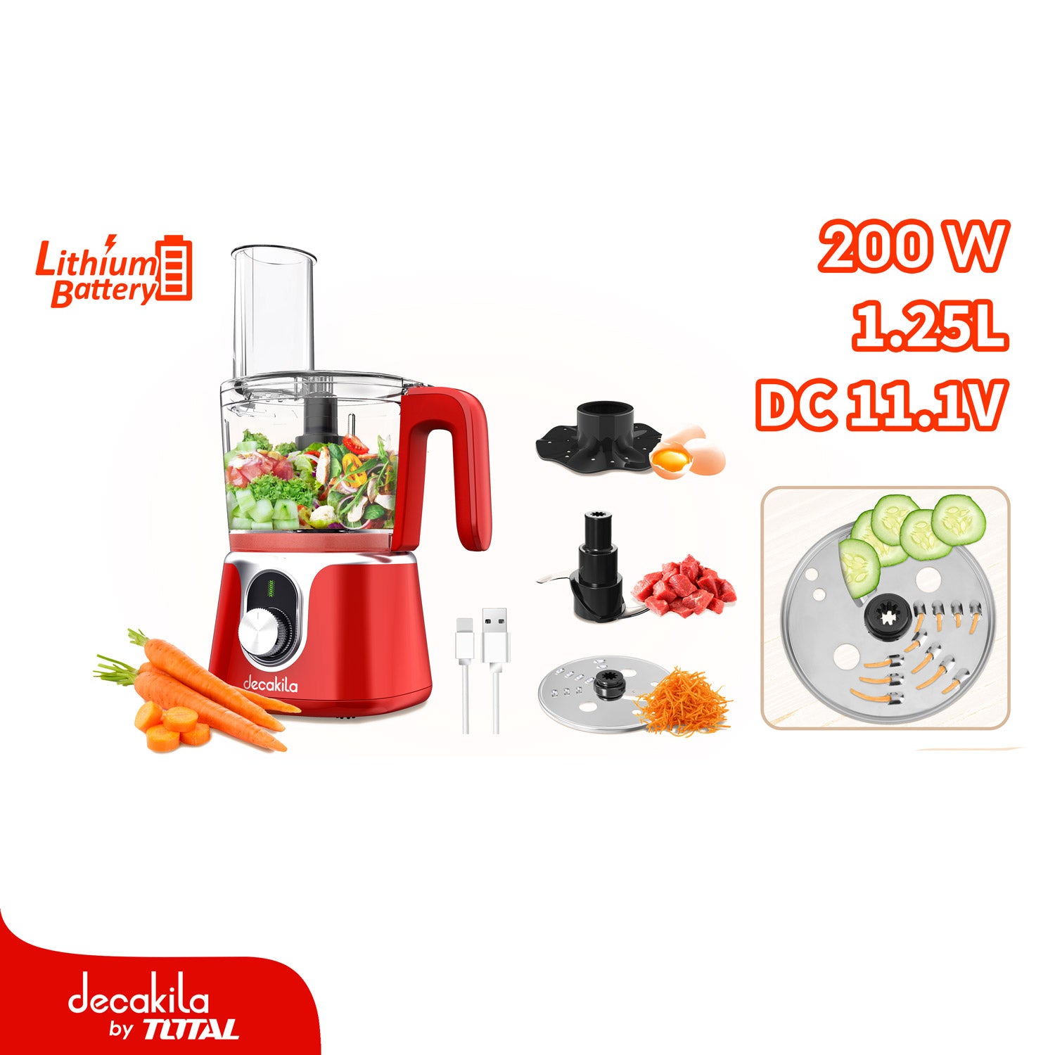 Procesador de alimentos inalámbrico 200W 1.25L Cargador tipo C 11.1V Cable USB tipo Samsung. Pica, rebana y corta.