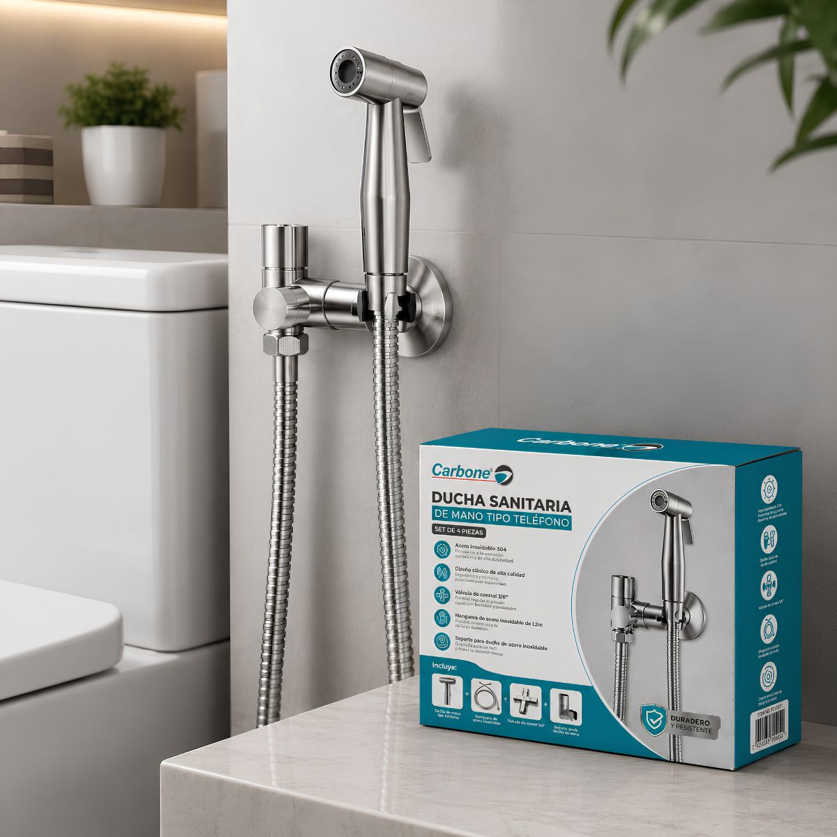 Ducha sanitaria Acero Inoxidable 304 de mano tipo telefono altisima calidad set 4 piezas con accesorios bidet