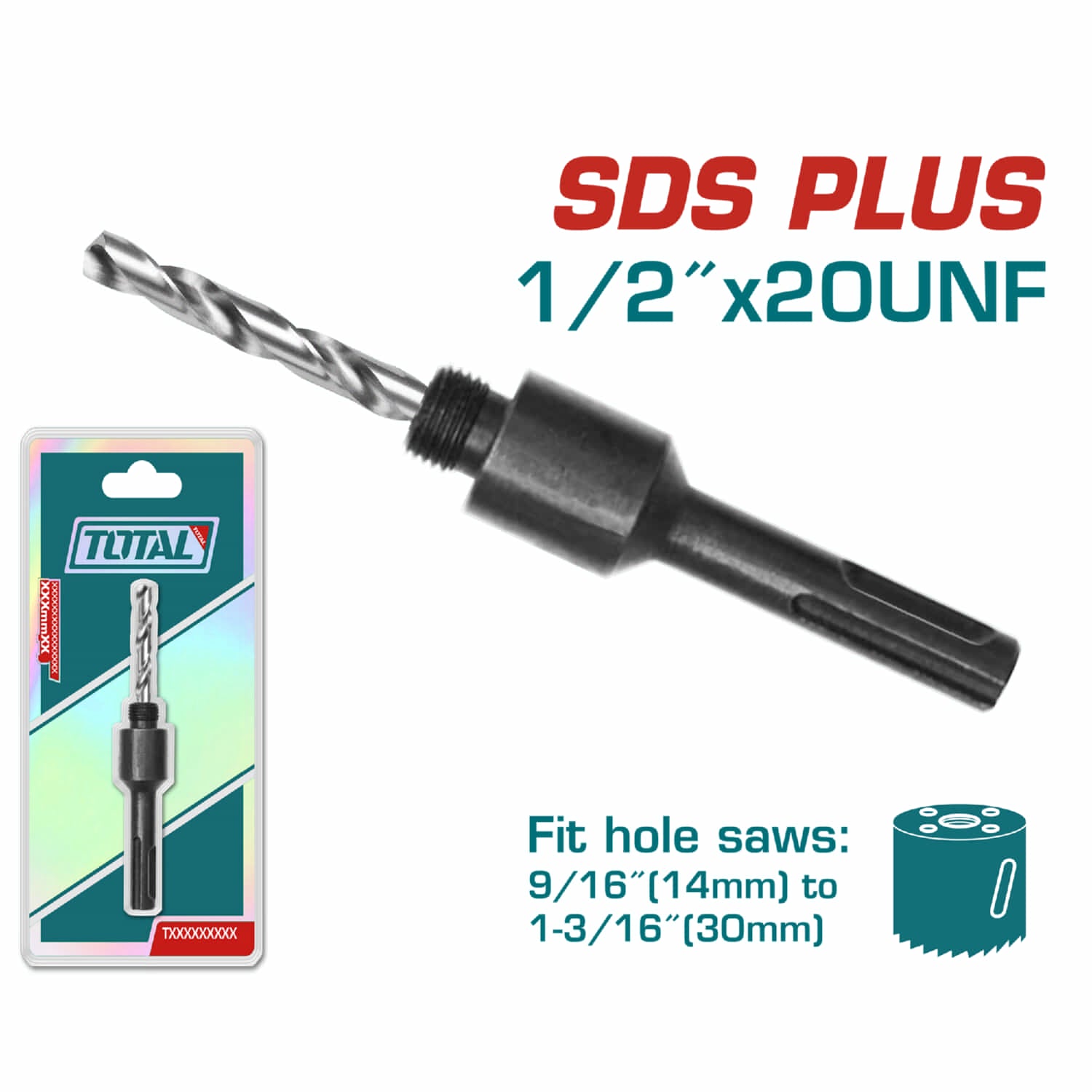 Adaptador para Broca Copa circular SDS Plus. 1/2 "-20UNF. 9/16 "(14 mm) a 1-3/16 "(30 mm)