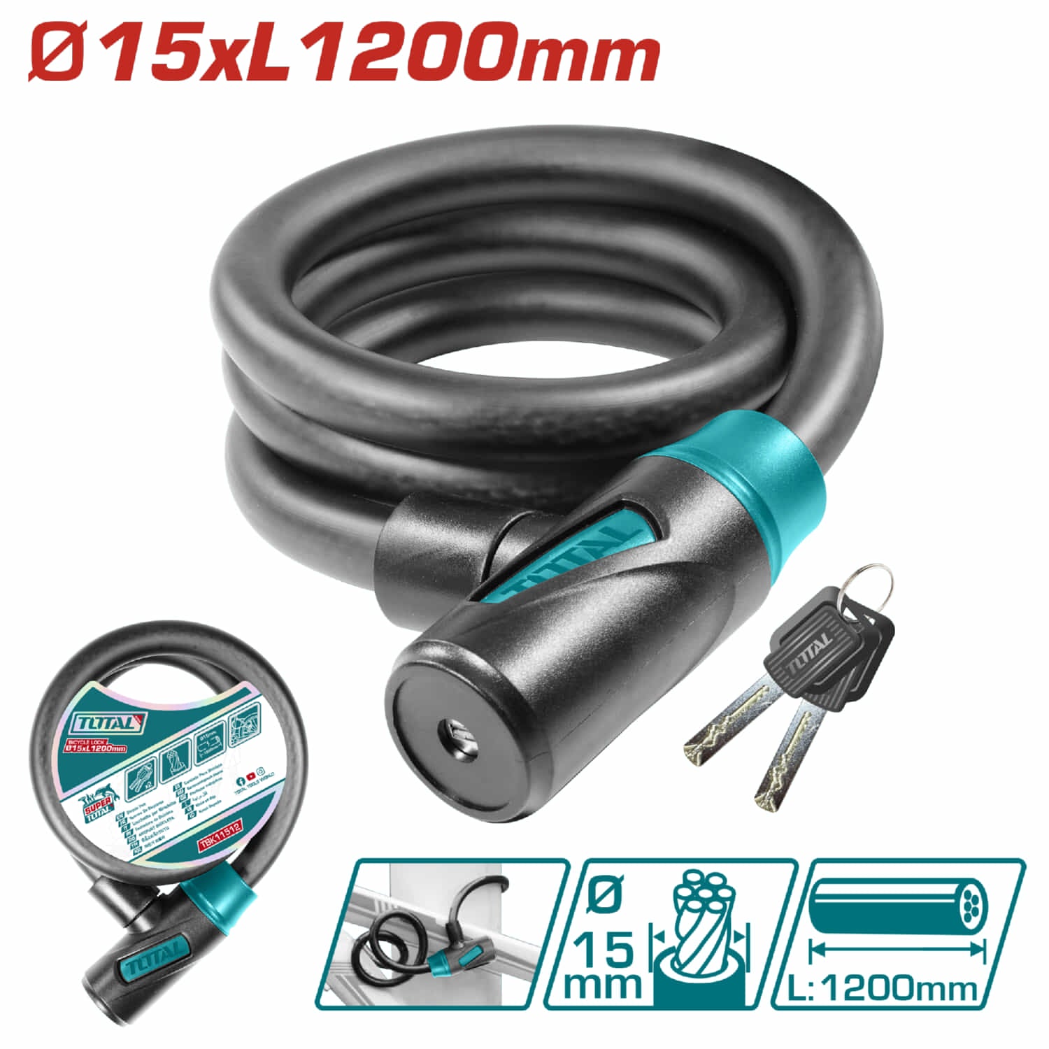 Cadena de seguridad para bicicleta de 15 x 1200mm . Recubierto en PVC. Incluye 2 llaves.