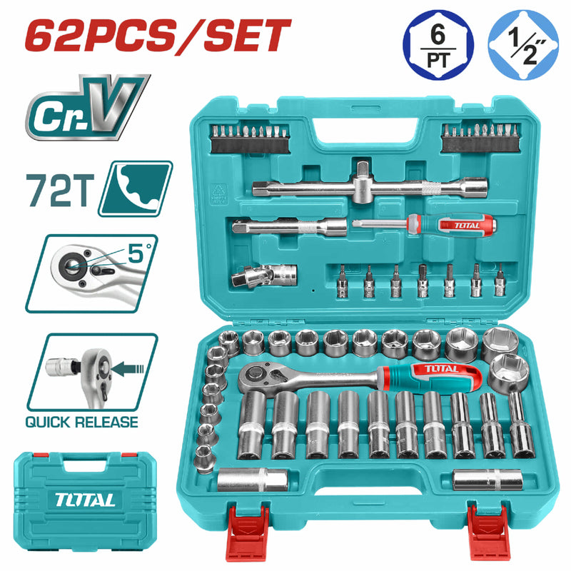 Dados Socket Ratchet Mango Kit 1/2" Cr-V 45T. Set 62 piezas variadas en juego maletin kit