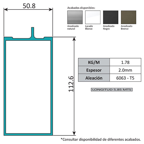 Travesaño Muro Cortina Perfil Oculto. Espesor 2.0 mm. Largo 5.85 mts. Acabado Anodizado Bronce 15 Mi