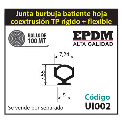 Junta Burbuja De Coextrusion De PVC + EPDM Alta Calidad. Se Vende Rollo De 150 Mts. Color Negro.