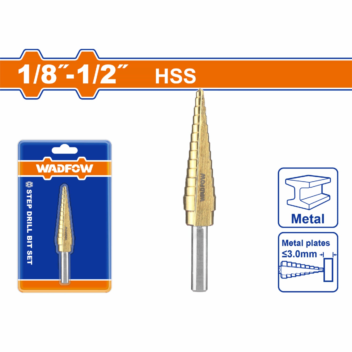 Broca escalonada 1/8"-1/2". Diámetro de vástago: 1/4". Pasos: 1/32".