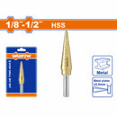 Broca escalonada 1/8"-1/2". Diámetro de vástago: 1/4". Pasos: 1/32".