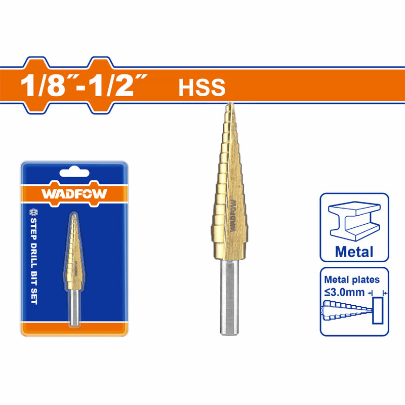 Broca escalonada 1/8"-1/2". Diámetro de vástago: 1/4". Pasos: 1/32".